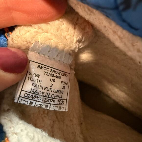 Bogs Youth Kids B Moc Snow Boots Sherpa Lined Dino Print Blue Orange Size 2 - Picture 6 of 8